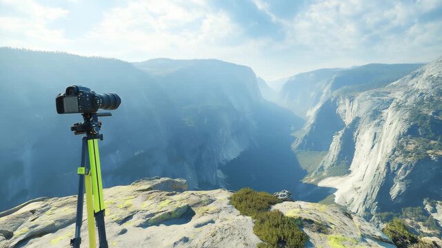 Camera on tripod capturing breathtaking valley panorama with moving clouds at yosemite national park timelapse