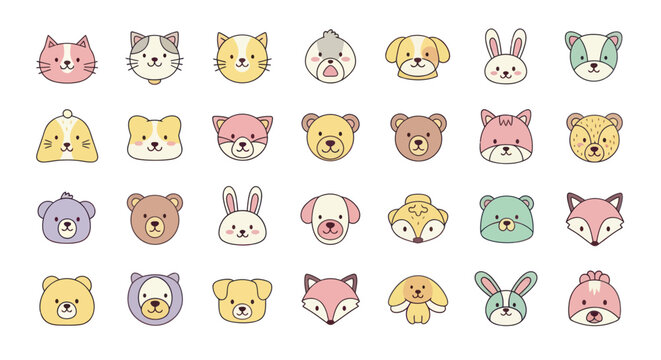 Cartoon animal heads collection of various faces