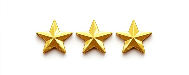 Obraz premium Three golden stars aligned, centered on a white background, with soft shadows
