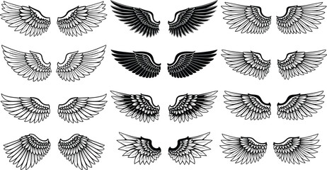 Angel wings outline collection, detailed feather wing silhouettes set, flying bird wing tattoo designs, heraldic decorative wings vector illustration pack © Ideasy Mind