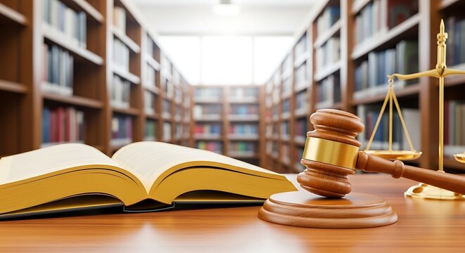 Open book and judge's gavel on wooden table in a library, symbolizing law and justice