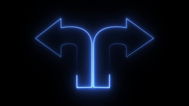 a neon-style graphic showing two blue, L-shaped arrows pointing in opposite directions (left and right) against a solid black background. This symbol typically represents a choice between two distinct