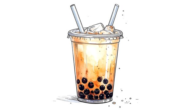A watercolor illustration of a clear plastic cup filled with boba tea and ice, featuring two straws