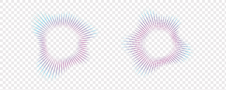 Abstract halftone spiral circle frames created with colorful gradient dots in blue, purple, and pink tones. Modern radial burst shapes isolated on transparent background. Perfect for banners, social m