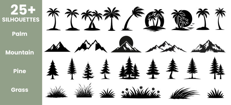 Palm Tree, Mountain, Pine Tree and Grass Silhouette Set &ndash; Nature Landscape Vector Collection,for camping graphics, landscape illustrations, logo design, stickers, decals, and nature themed  projects