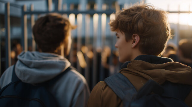 Teachers standing together in a school entrance blocking access during a student safety lockdown situation, perfect for education team protection concept, teacher solidarity, school safety, modern