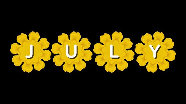 Elegant July Typography Reveal with White Letters Decorated by Golden Glitter on Luxury Gold Flower Shapes,Letter by Letter Text Animation on Black Background,Premium Celebration Promo Motion Graphics