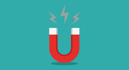 Red horseshoe magnet with white poles and grey lightning bolts teal background