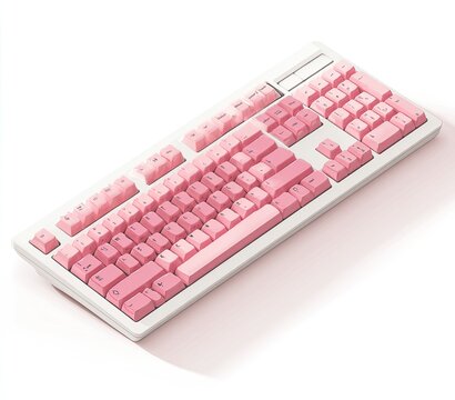Isometric view of a white mechanical keyboard with pink gradient keycaps on a white backdrop