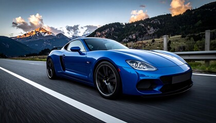 Naklejka premium A blue coupe races down the road, mountains & sunsetting sky backdrop the scene in this dramatic, sleek, automotive shot