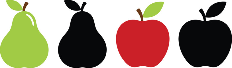 Fototapeta premium Stylized fruit illustration featuring colorful pear and apple with matching black silhouettes, ideal for education, design comparison, visual recognition, and creative stock image projects