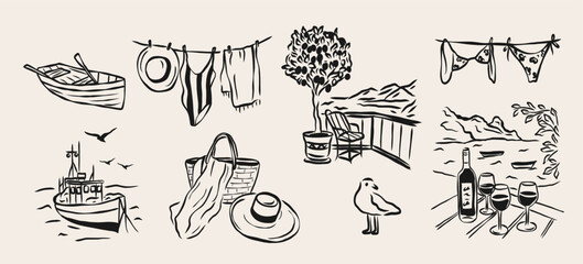 Fototapeta premium Hand drawn retro marine vacation elements collection