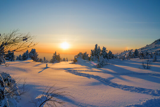 Snowy winter in the ski resort of Sheregesh in Siberia, Russia.