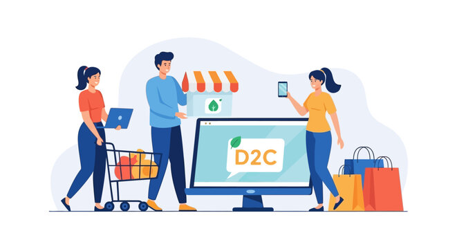Direct-to-Consumer (D2C) E-commerce: Online Shopping, Digital Retail & Sustainable Business Strategy Illustration
