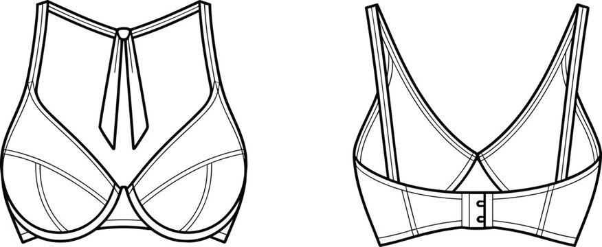 Women halter neck bra technical fashion sketch front and back view, lingerie underwear design template, underwire bra apparel line drawing illustration