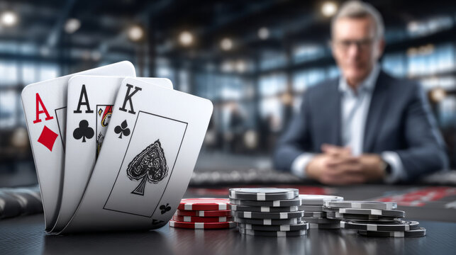 A tense poker scene focuses on aces and chips, with a player keenly watching the action unfold
