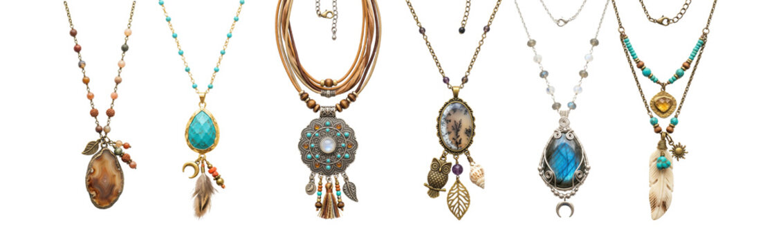 Natural mineral talismans necklaces collection of dendritic agate, labradorite, turquoise pendants with organic leaf and owl charms, hand-crafted aesthetic