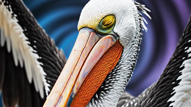 Close-up pelican head with vibrant eye against blue background
