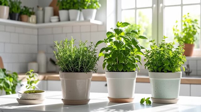 Fresh herbs in pots on a kitchen counter, creating a vibrant and natural display.