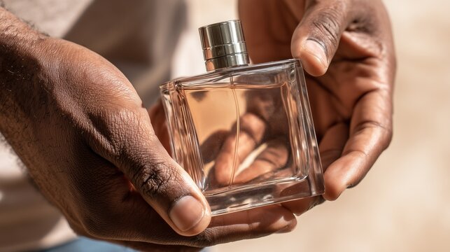 Close-up masculine hands holding square glass perfume bottle