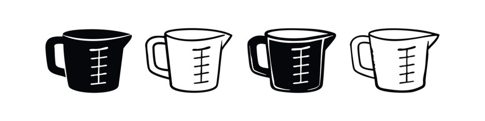 Hand Drawn Measuring Jugs Icon Set with Graduated Markings in Solid and Outline Style