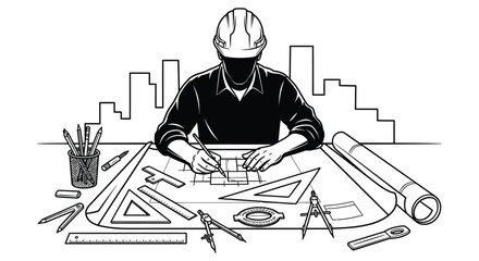 A construction worker sketches blueprints at a desk overlooking a cityscape background high quality professional detailed