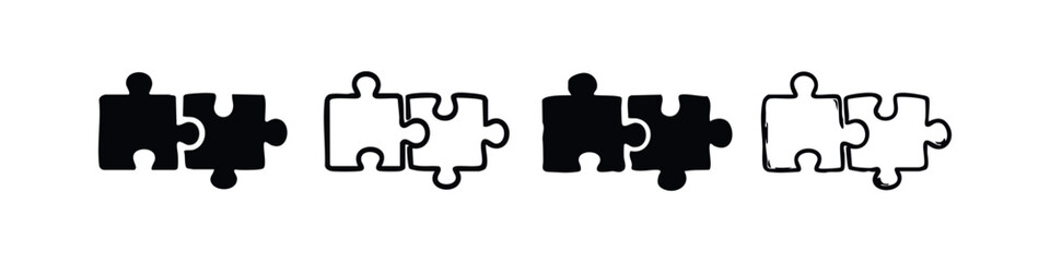 Interlocking puzzle pieces icons for connection and solution concepts in various solid and outline styles
