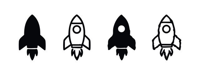 Hand Drawn Rocket Ship Icon Set. Doodle Style Startup Launch and Innovation Symbols in Black and White. © liubomir118809