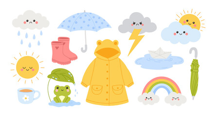 Fototapeta premium Set of kawaii spring rainy day. Cloud, sun, rainbow, frog, raincoat, umbrella and boots. Elements for rainy season and sunny day. Isolated icons for kids design, forecast concept, nursery decoration
