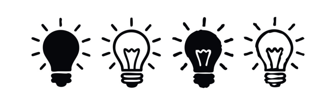 Hand Drawn Idea Light Bulb Icon Set. Doodle Style Inspiration and Solution Symbols with Glowing Effect.
