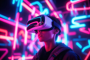 Person wearing a virtual reality headset in a neon cyberpunk environment. Ideal for immersive tech, gaming equipment, or futuristic art.