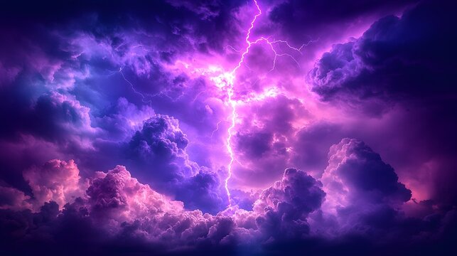 Intense atmospheric electrical discharge illuminates vibrant purple and pink storm clouds overhead