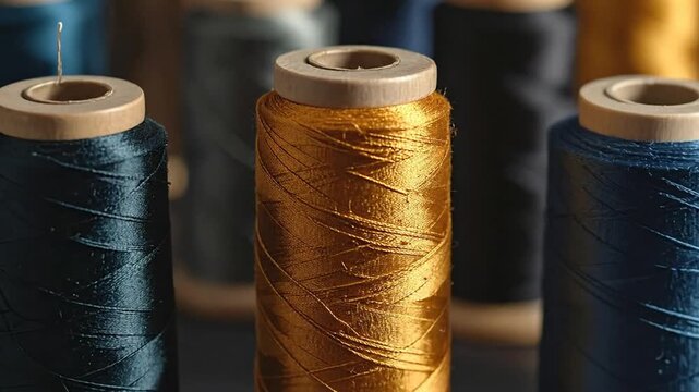 Close-up shot of colorful sewing threads on wooden spools, perfect for crafting and textile projects.