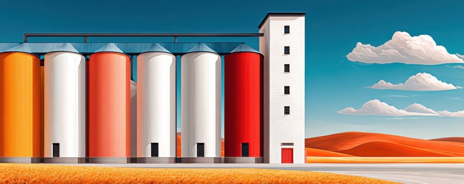 Colorful grain silos line a golden wheat field under a bright blue sky, with a white tower in view