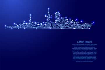 warship cruiser silhouette from futuristic polygonal blue lines and glowing stars for banner, poster, greeting card © elenvd
