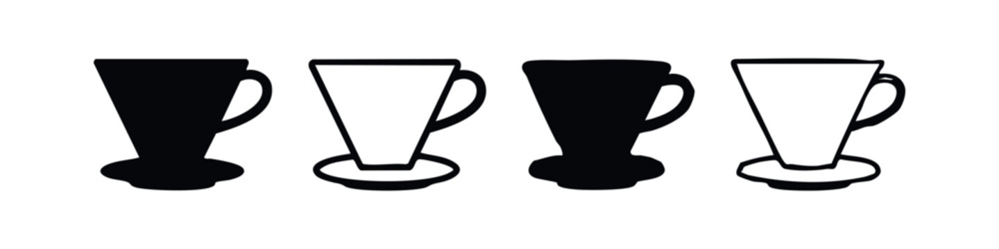 Pour Over Coffee Dripper Icons Set. Hand Drawn Conical Coffee Filter Holder Silhouettes and Outlines.