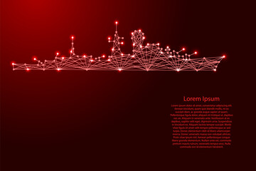 warship cruiser silhouette from futuristic polygonal red lines and glowing stars for banner, poster, greeting card © elenvd