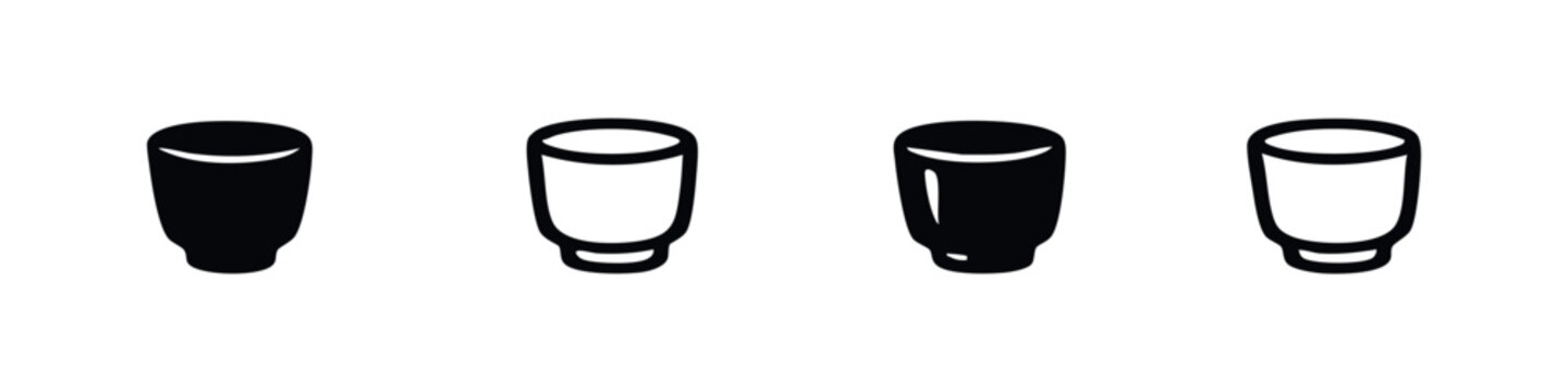 Japanese Sake Cup Icon Set, Traditional Guinomi or Ochoko Drinkware Vector, Asian Alcohol Glass in Black and White