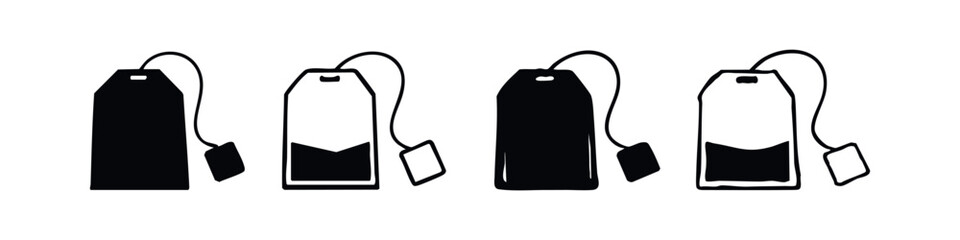 Teabag icon set. Simple hand-drawn silhouettes of tea bags for hot beverage and relaxation themes.