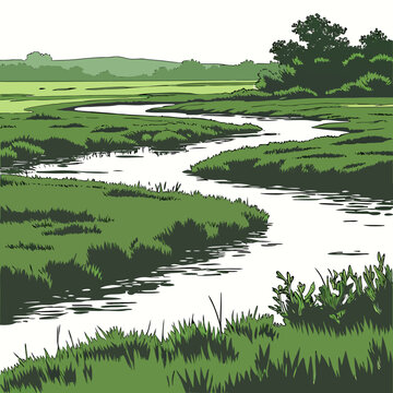 A serene landscape illustration of a winding river through green grassy wetlands and trees