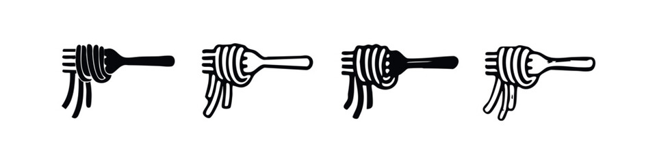 Fototapeta premium Fork and Noodles Icon Set Side View, Pasta Eating Utensil Vector Illustration, Spaghetti Black and White Icons
