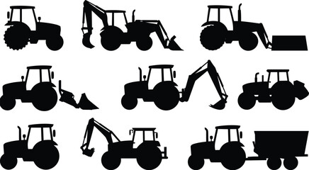 Silhouette illustration collection of twelve tractors and construction vehicles including loaders, backhoes, trailers, and machinery icons, representing agriculture, industry, farming equipment © Umme