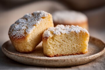 Mantecados on rustic plate, dusted with powdered sugar, exude warmth and coziness. Concept of crumbly cakes, butter, Spanish festive treats inviting indulgence.