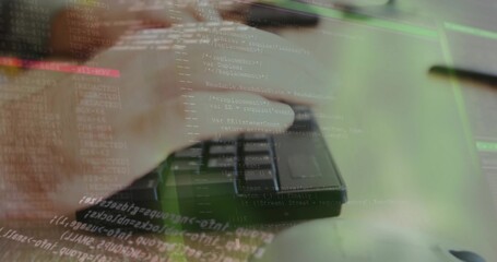 Typing single adult hand moving across compact external numeric keypad at desk, with code overlay