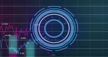 Obraz premium Circular HUD receiving live data, animating rings and syncing line charts revealing finance trends