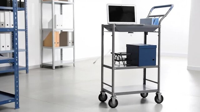 A l utility cart with a laptop and office supplies in a bright, modern office setting.