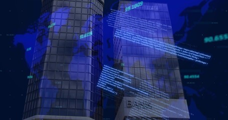 Displaying two glass office towers at night in financial district, code overlays floating