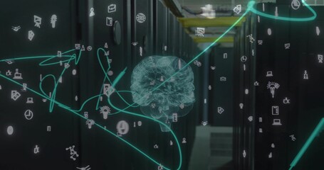 Floating teal wireframe brain hologram pulsing in aisle between server racks, with neon trails