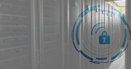 Projecting large blue security HUD with padlock over metal server racks in data center aisle