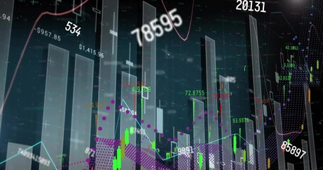 Obraz premium Vertical video: Market tick causing 3D bars rising, line graphs updating, labels highlighting trend